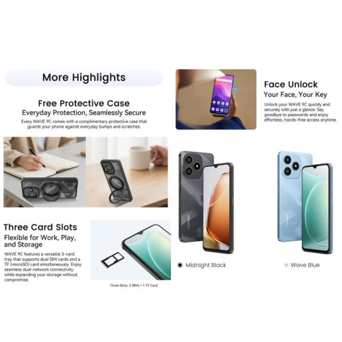  Blackview WAVE 9C, 4 Go + 64 Go, 6,56 pouces, Android 15, Unisoc T603 SC9863A Octa Core, réseau : 4G, OTG (bleu) SB979L293-020